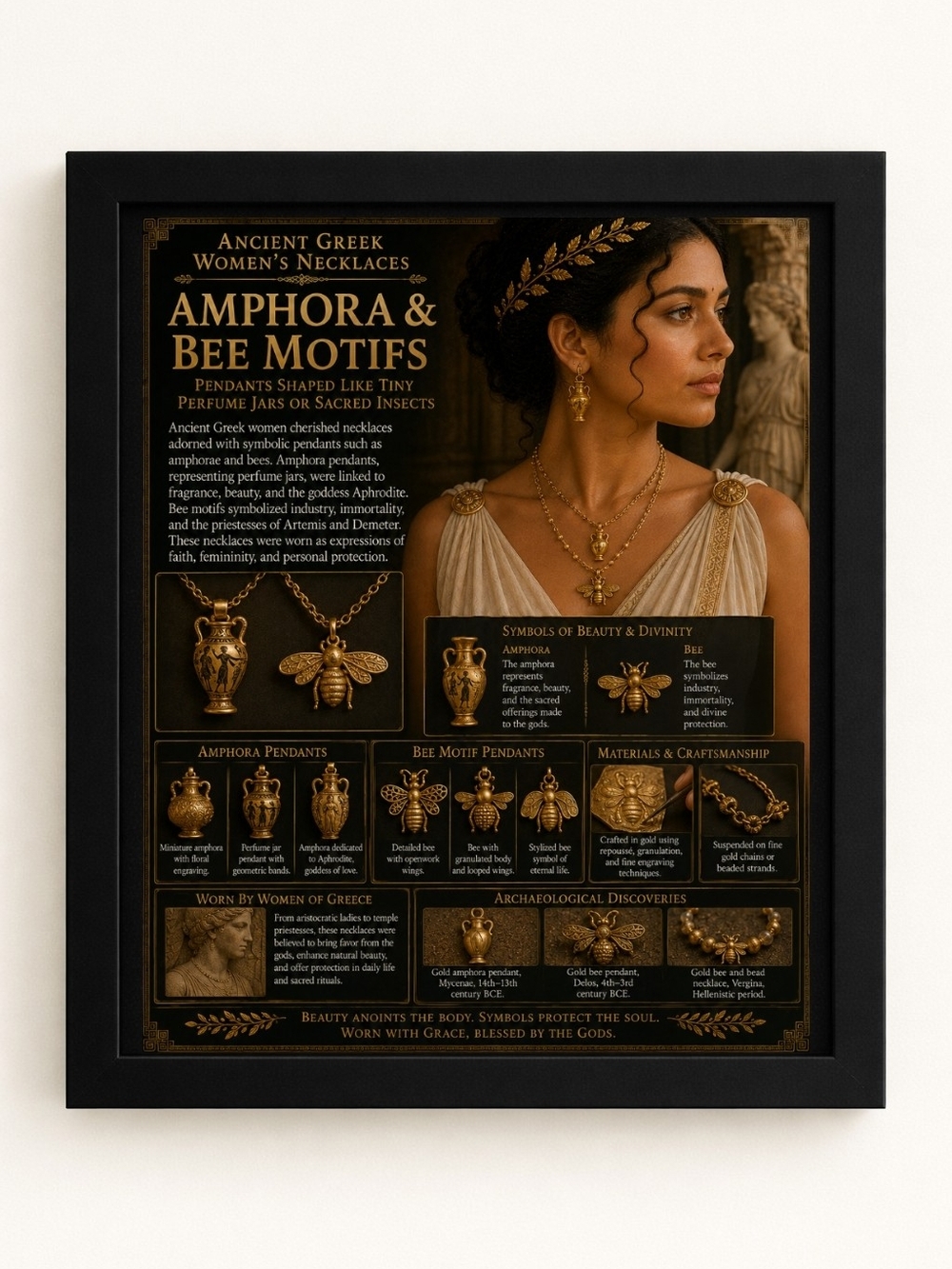 Ancient Greek Amphora & Bee Motif Gold Necklace A.I. Art Print 8x10 Frame